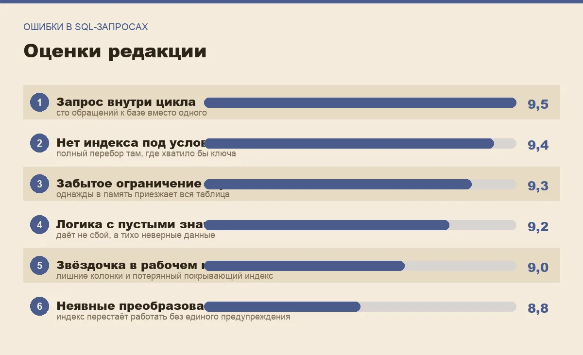 Диаграмма важности шести ошибок в SQL-запросах