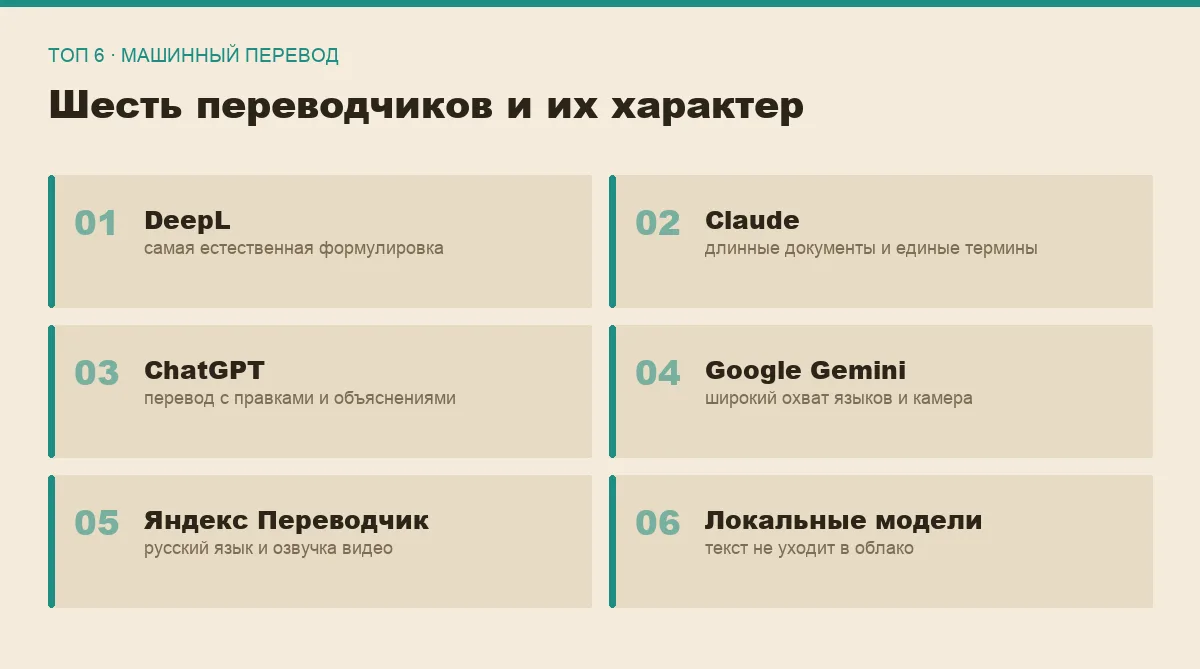 Список шести ИИ-переводчиков и их сильных сторон