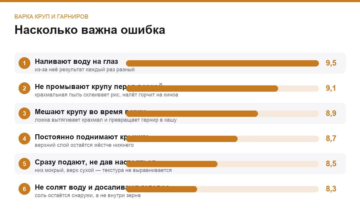 Диаграмма важности шести ошибок при варке круп
