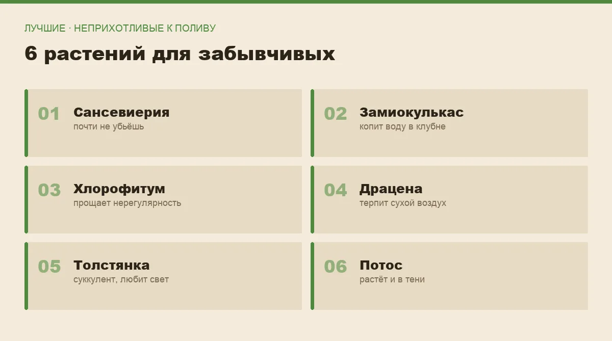 Плакат с шестью неприхотливыми комнатными растениями