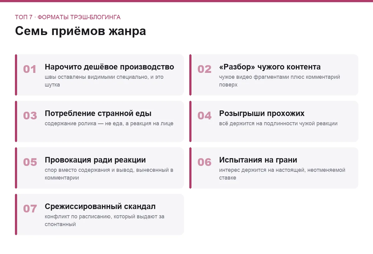 Плиточный постер со списком семи форматов трэш-блогинга
