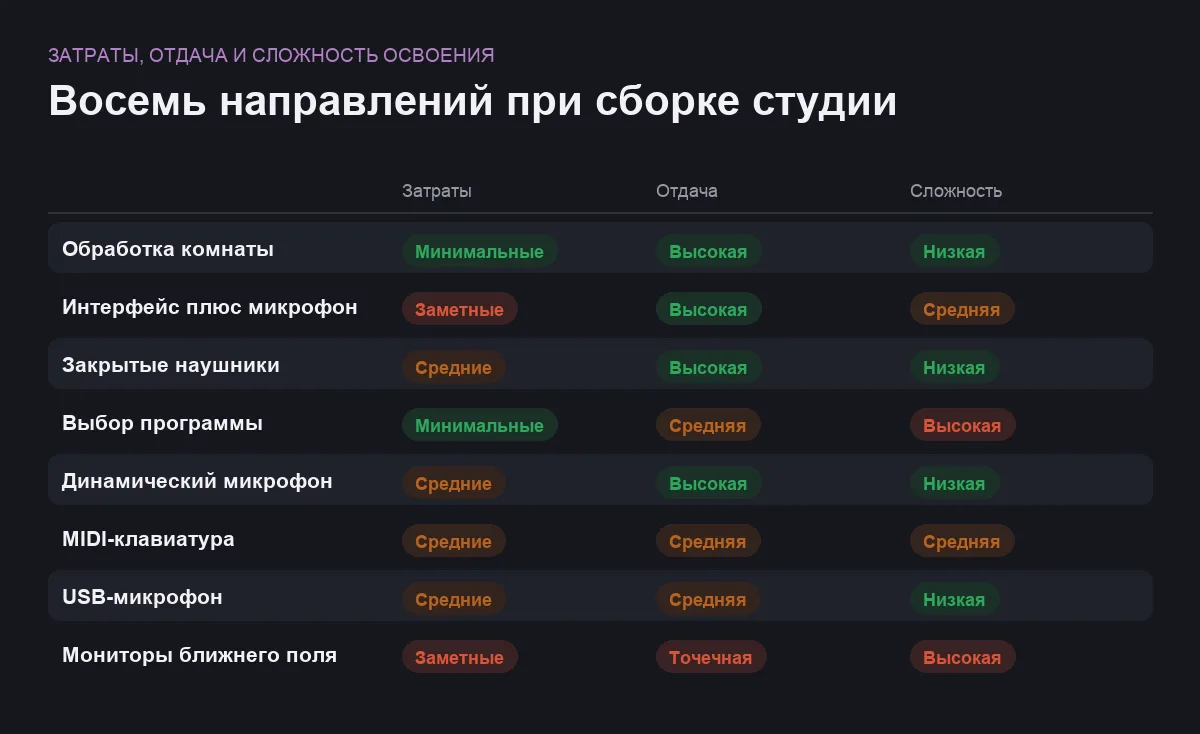 Сравнение восьми направлений при сборке домашней студии по затратам, отдаче и сложности