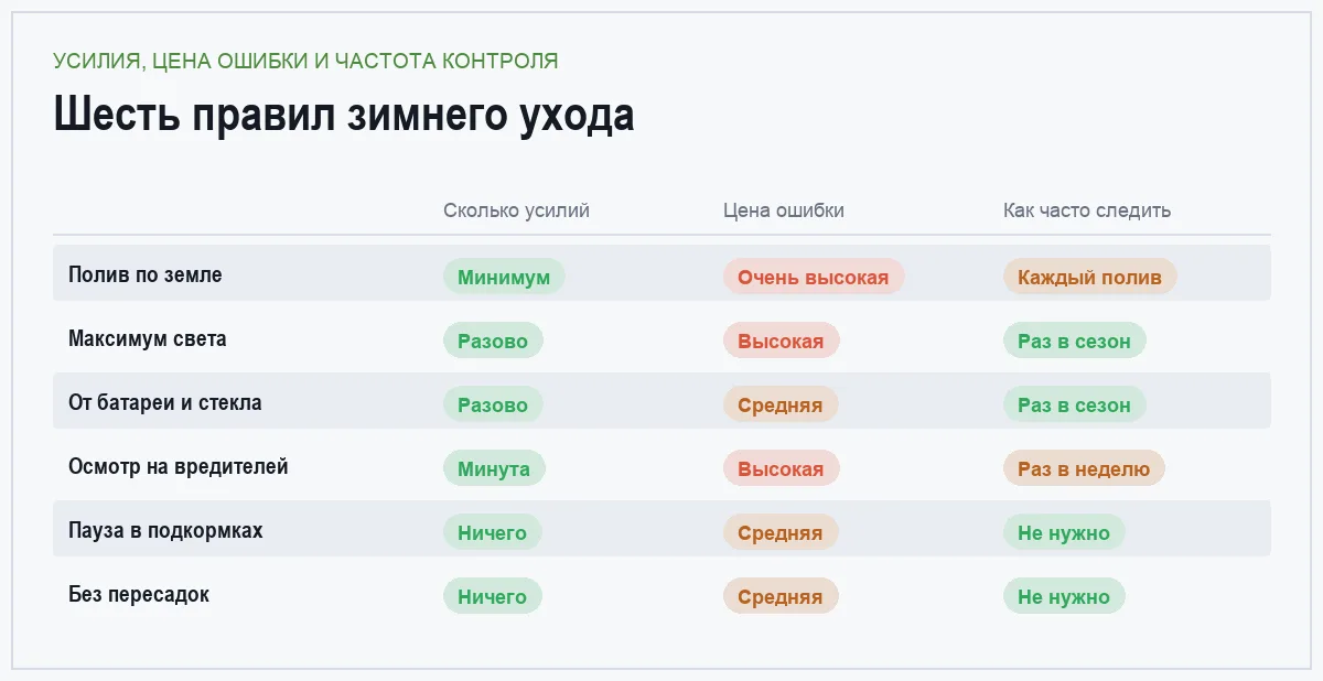 Сравнение шести правил зимнего ухода за комнатными растениями по усилиям, цене ошибки и частоте контроля