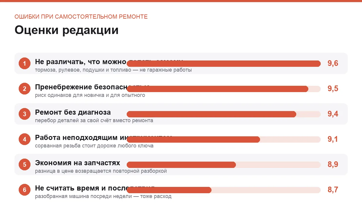 Диаграмма оценок шести ошибок при самостоятельном ремонте автомобиля