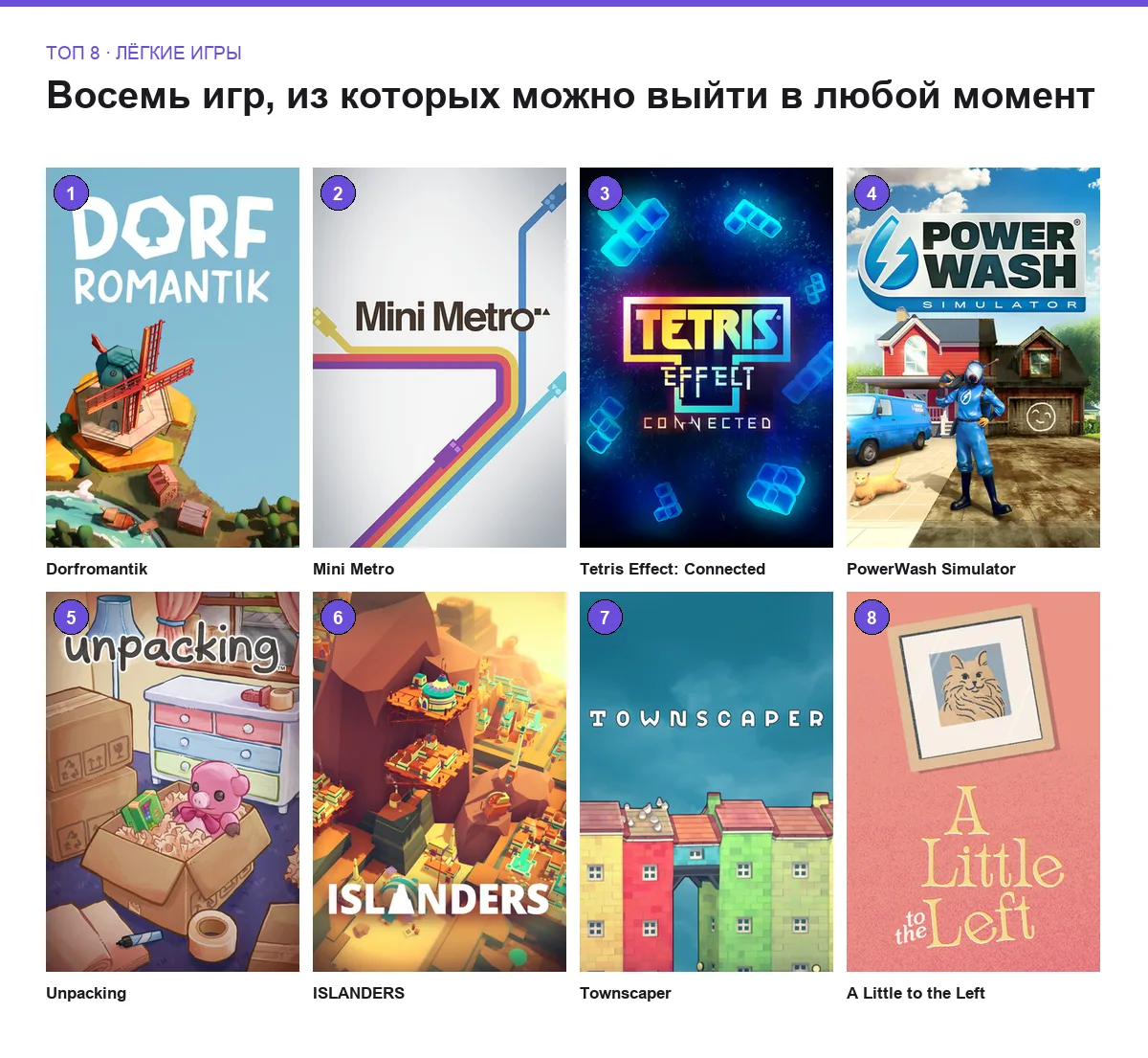 Витринные изображения восьми лёгких игр