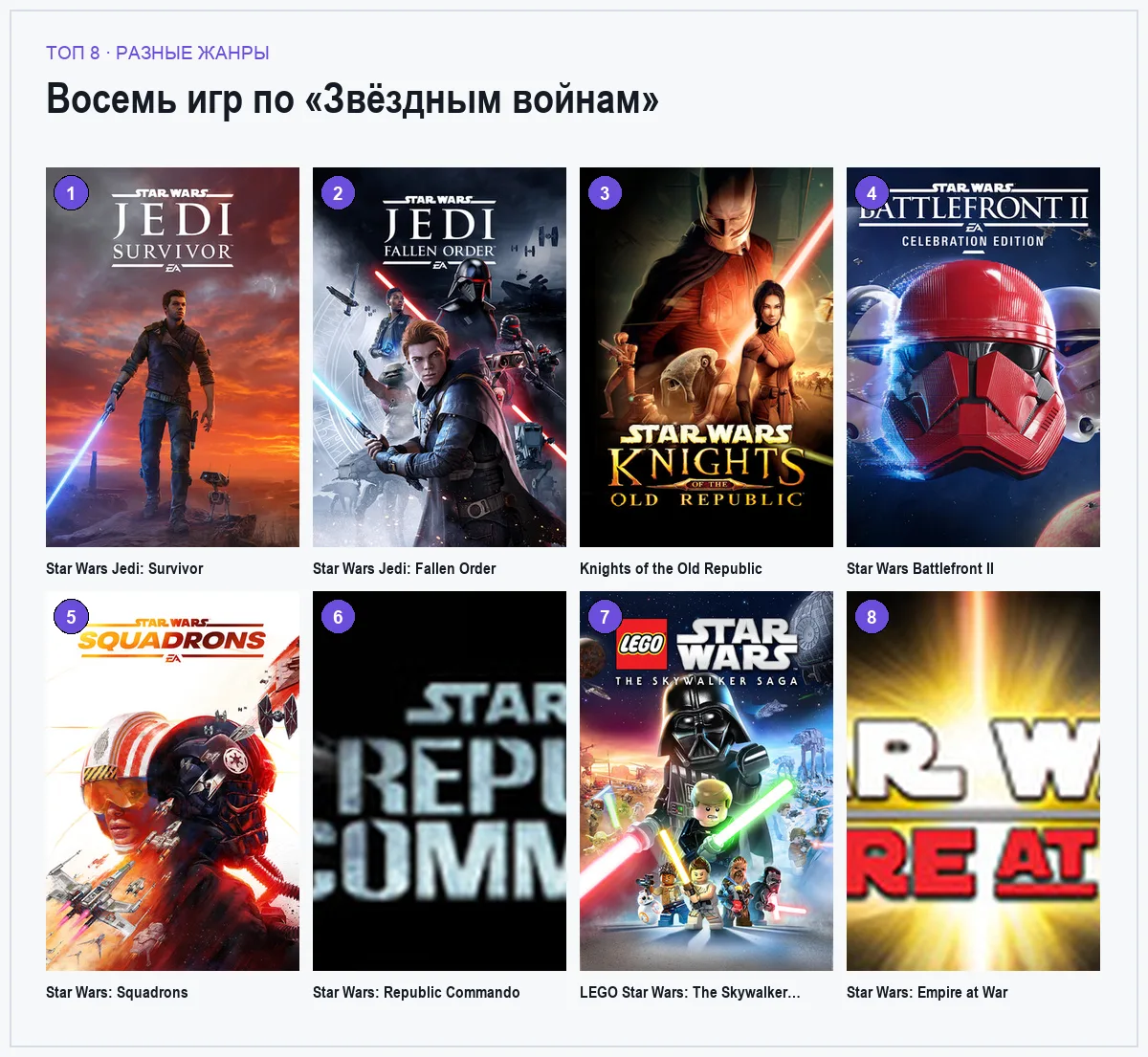 Витринные изображения восьми игр по «Звёздным войнам»