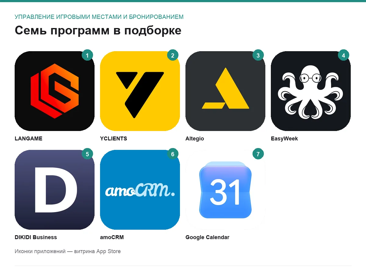 Иконки семи программ для задачи управление игровыми местами и бронированием