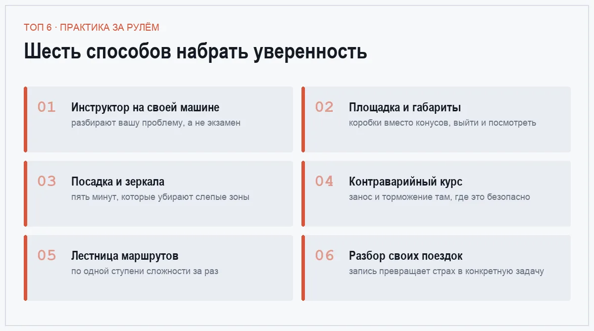 Плиточный постер со списком шести способов научиться водить увереннее