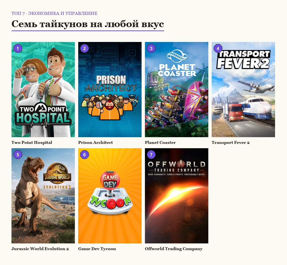 Витринные изображения семи тайкунов и экономических симуляторов