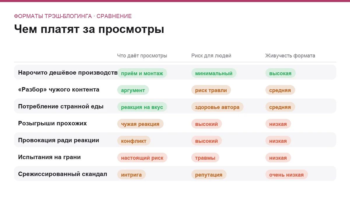 Сравнительная таблица семи форматов трэш-блогинга по источнику просмотров, риску и живучести