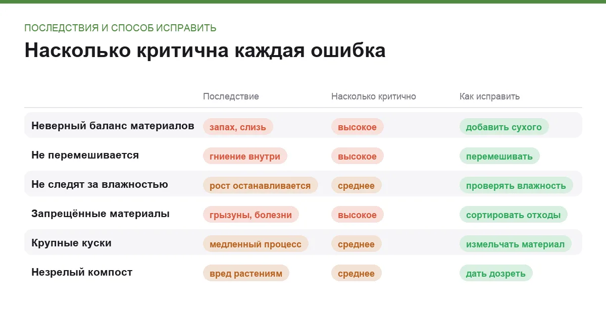 Инфографика: последствия шести ошибок при компостировании и насколько они критичны