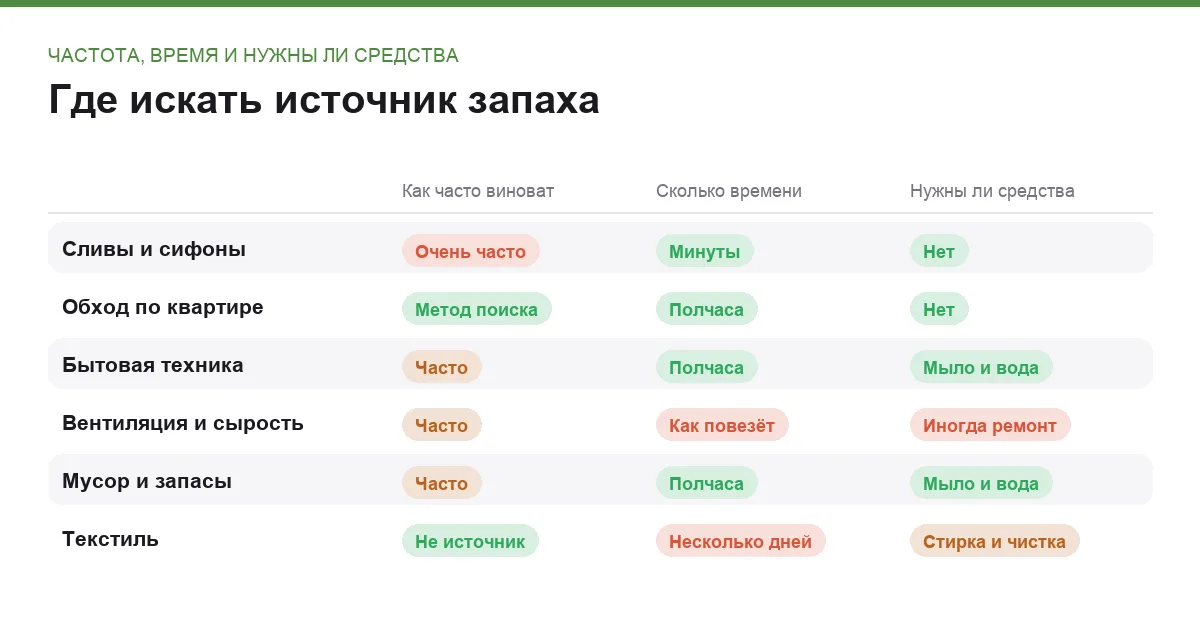 Сравнение шести направлений поиска источника запаха в доме по частоте причины, затратам времени и необходимости средств