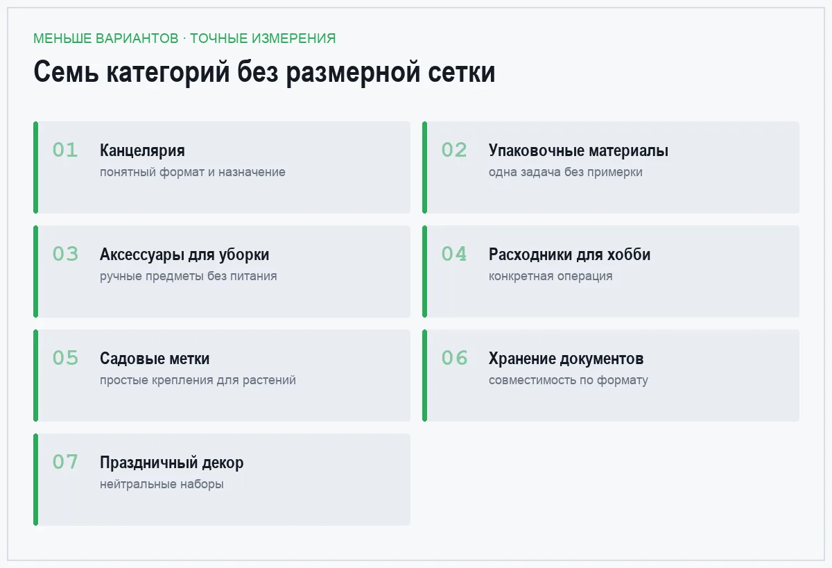 Плиточный список семи категорий товаров без размерной сетки