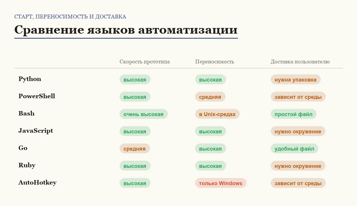 Матрица сравнения семи языков для автоматизации