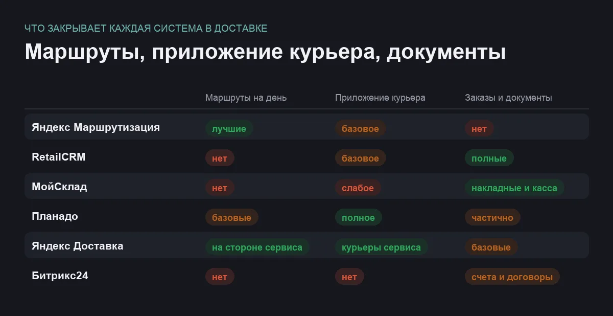 Инфографика: маршруты, приложение курьера и документы у шести систем для курьерской службы