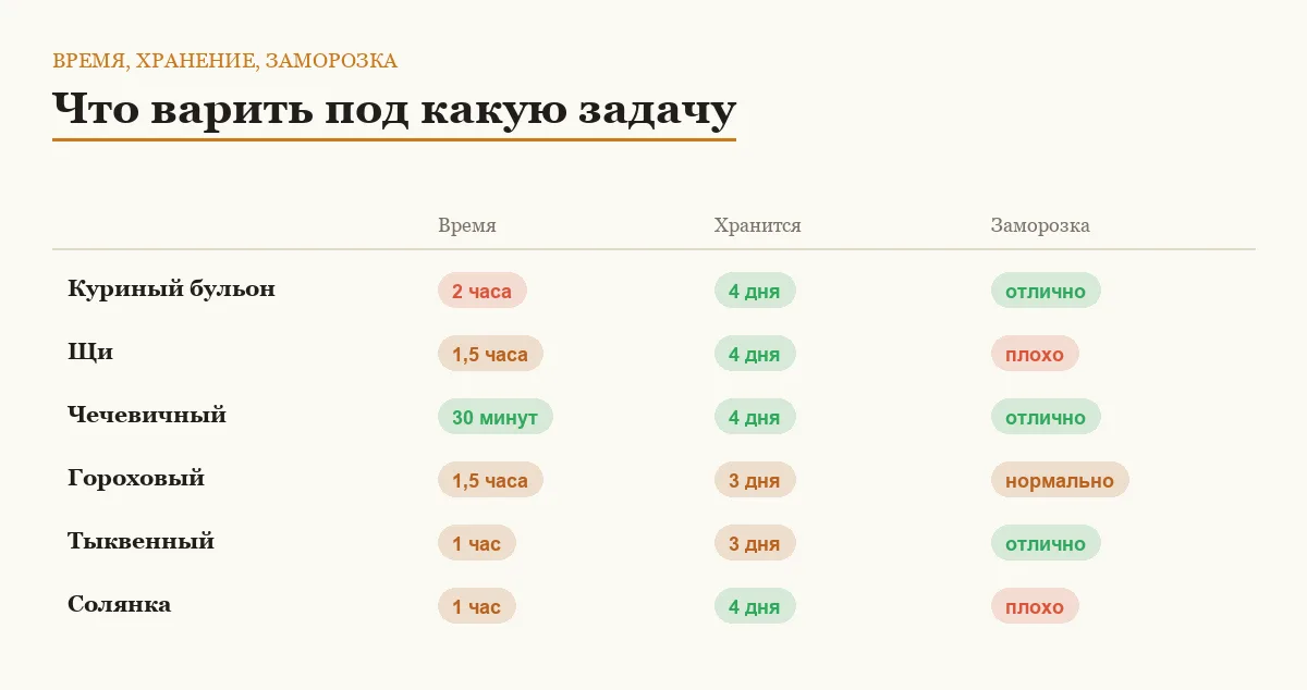 Инфографика: время приготовления, срок хранения и пригодность к заморозке шести супов