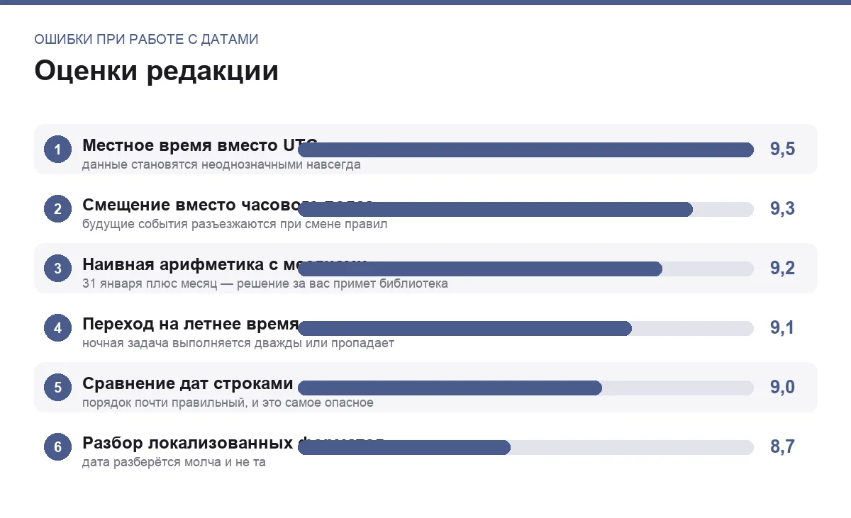 Диаграмма важности шести ошибок при работе с датами и временем