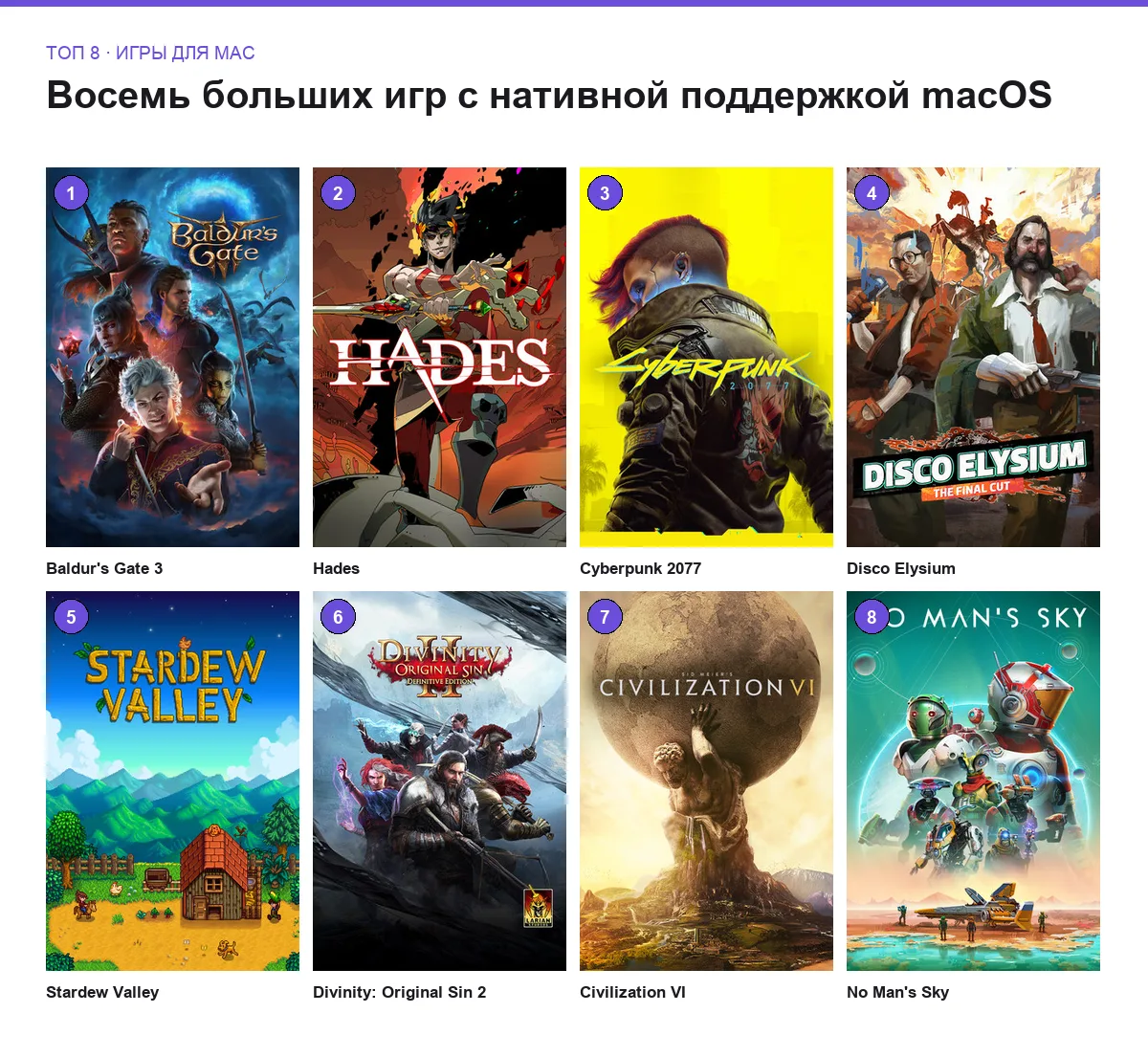 Витринные изображения восьми игр для Mac