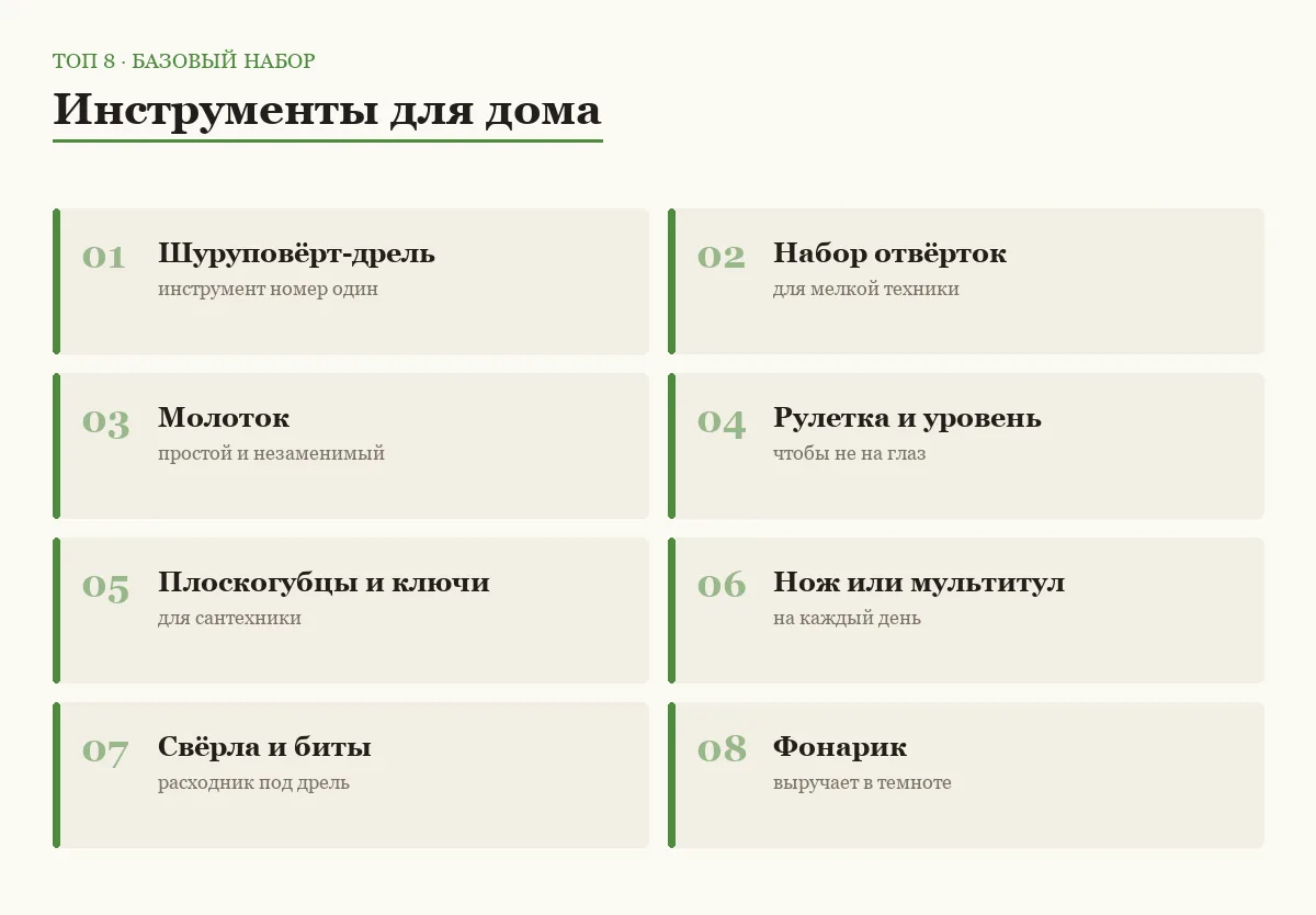 Плитки со списком восьми категорий инструментов, которые должны быть в каждом доме