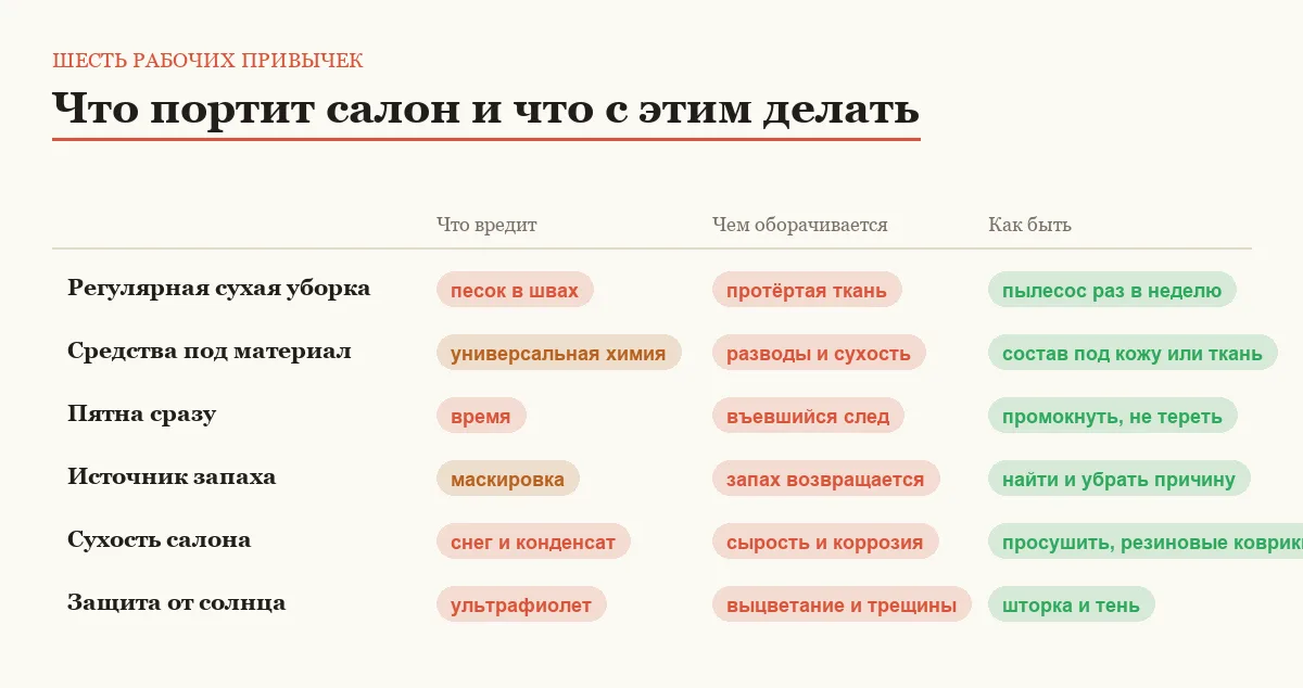 Инфографика: причина износа салона, последствие и способ ухода