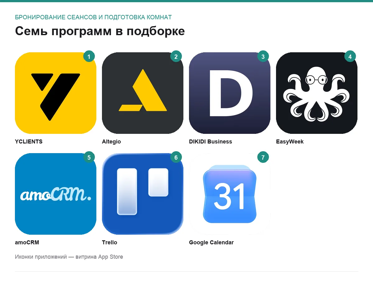 Иконки семи программ для задачи бронирование сеансов и подготовка комнат