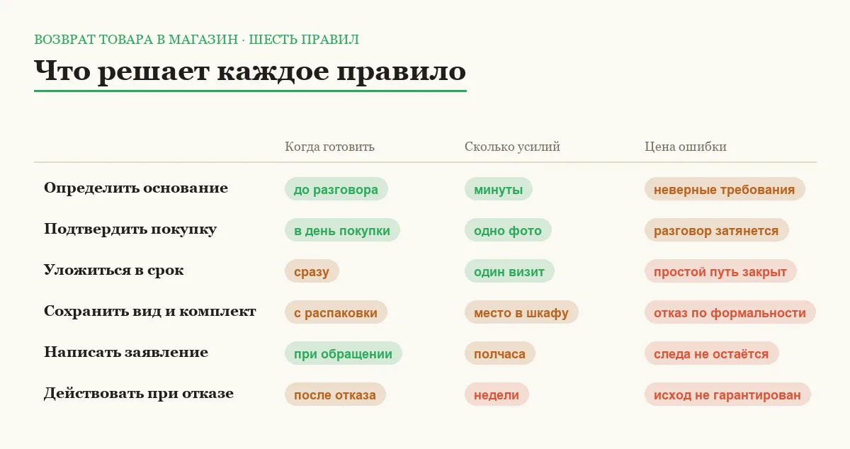 Сравнительная таблица шести правил возврата товара по трудоёмкости, влиянию на результат и цене ошибки