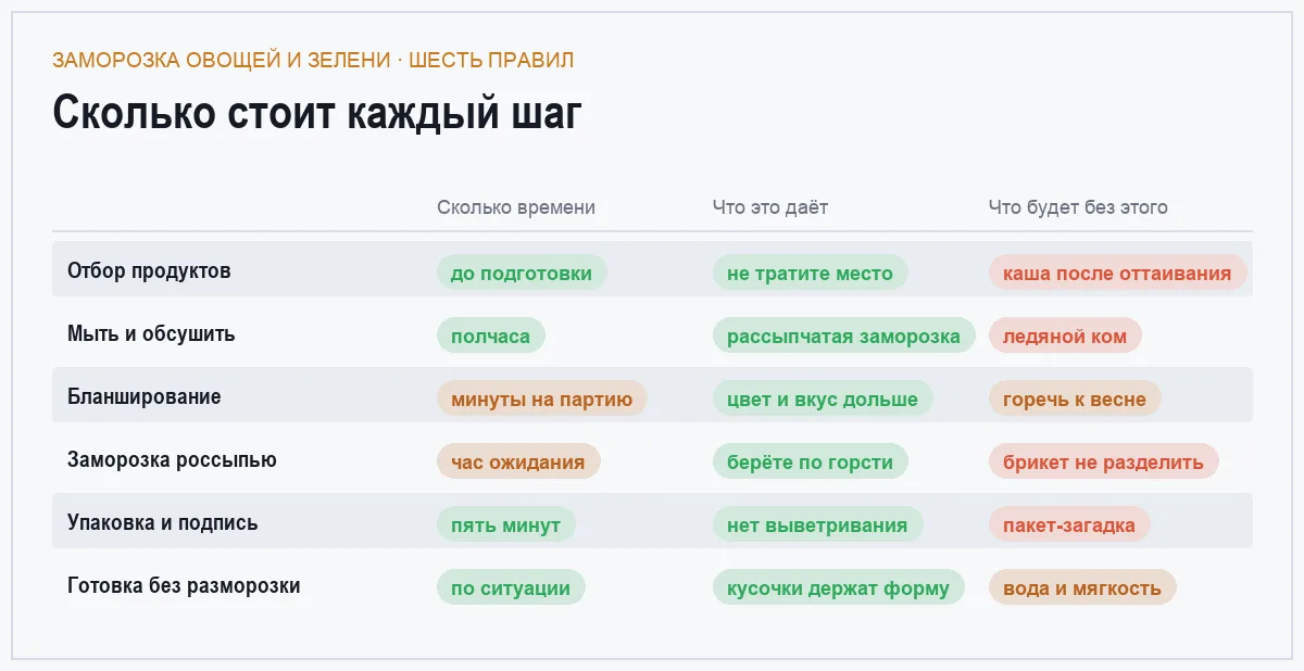Сравнительная таблица шести правил заморозки овощей и зелени по времени, пользе и последствиям пропуска