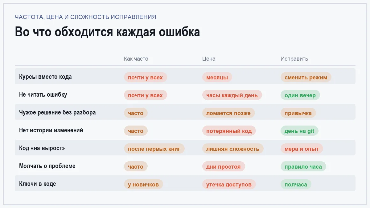 Инфографика: частота, цена и сложность исправления семи ошибок начинающего программиста