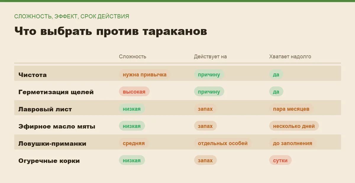 Инфографика: сложность, на что действует и срок действия каждого способа против тараканов