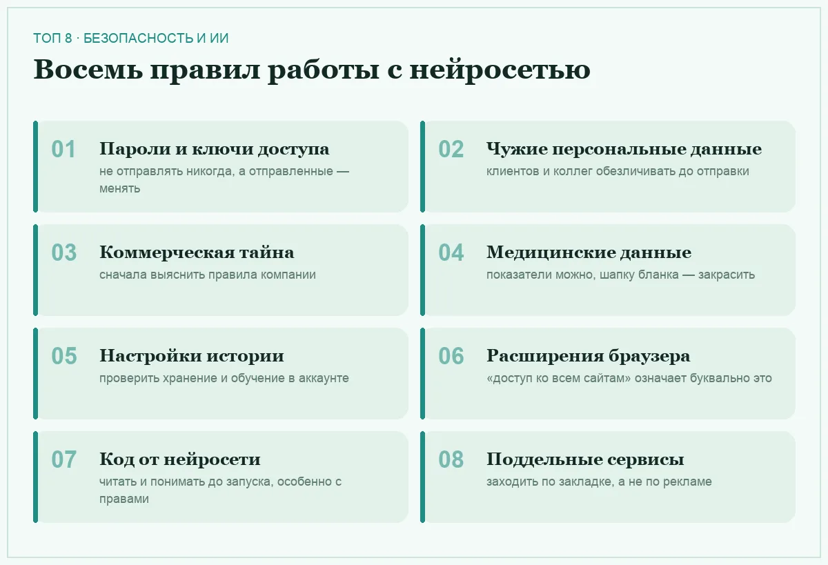 Список восьми правил безопасности при работе с нейросетями