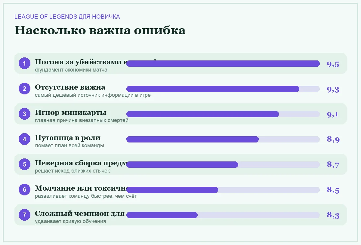 Диаграмма важности ошибок новичка в League of Legends