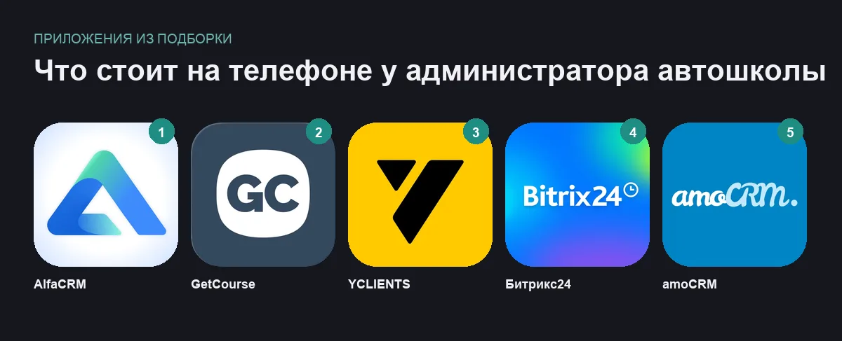 Сетка иконок приложений для учёта учеников и записи на вождение