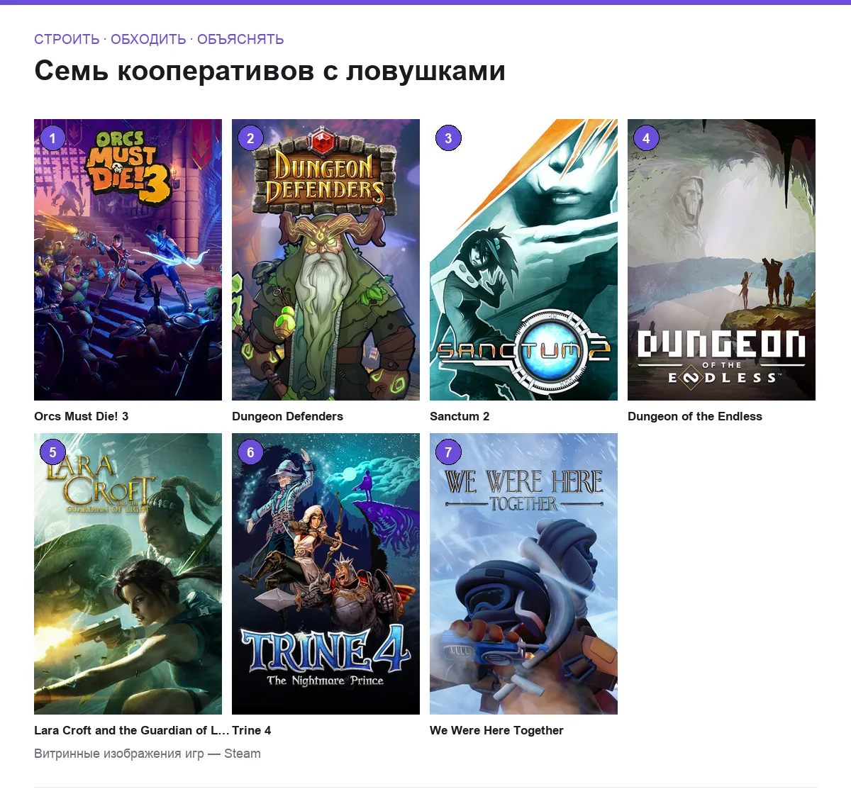 Сетка обложек семи кооперативных игр с ловушками