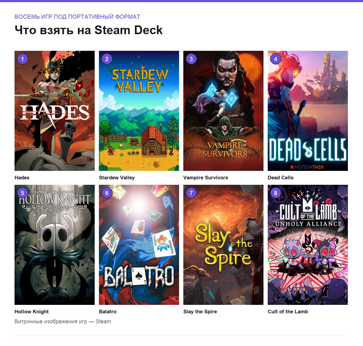 Сетка обложек игр, подходящих для Steam Deck
