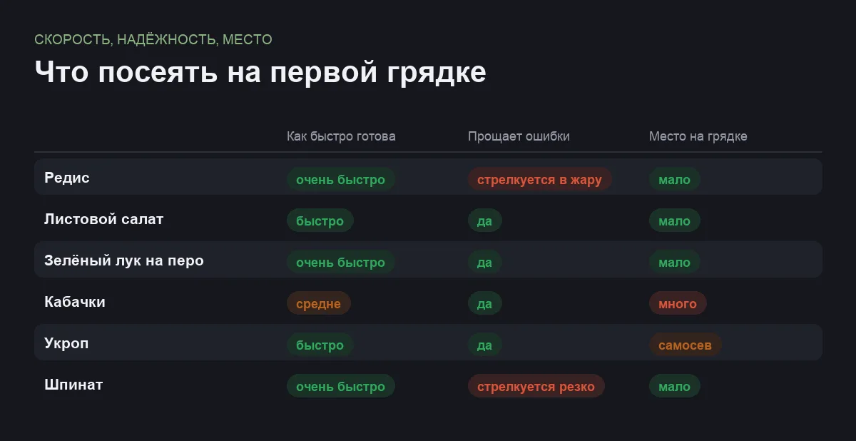 Инфографика: скорость созревания, надёжность и требуемое место для шести огородных культур