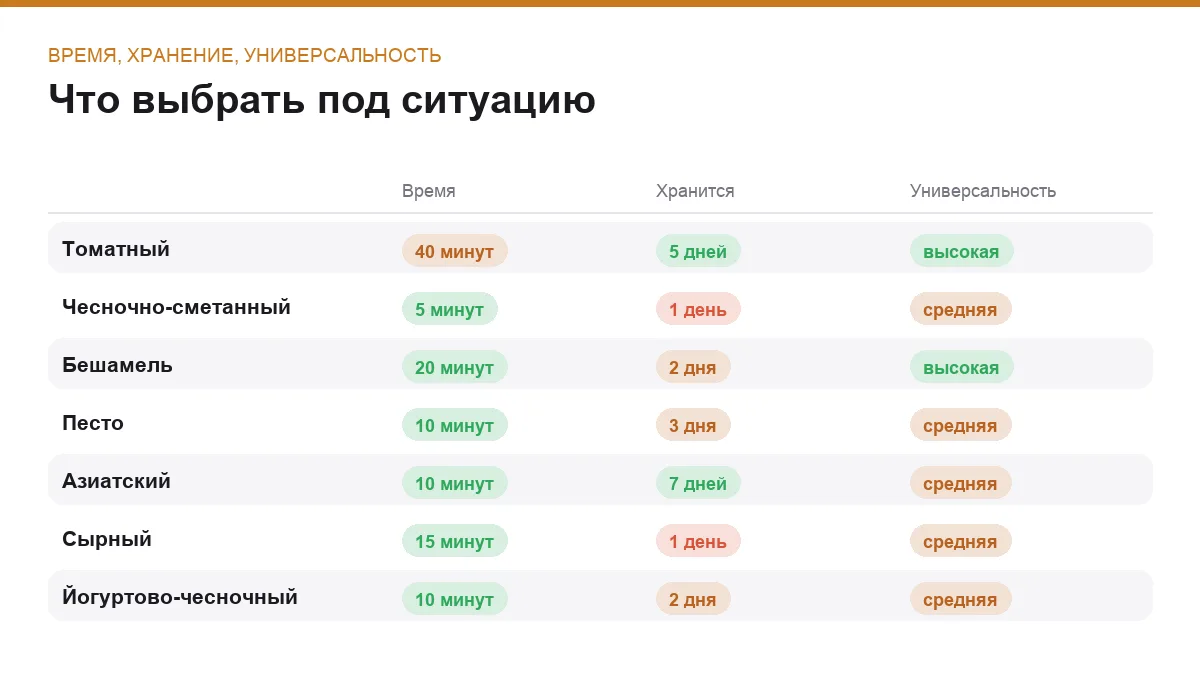Инфографика: время готовки, срок хранения и универсальность соуса