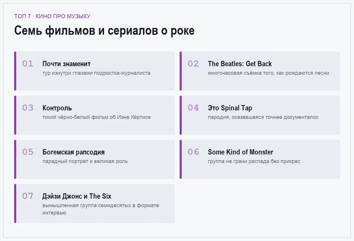 Список семи фильмов и сериалов о рок-музыке