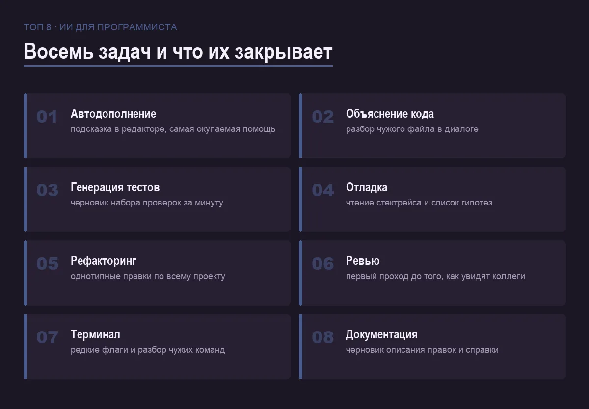 Список восьми задач разработки, где помогает ИИ