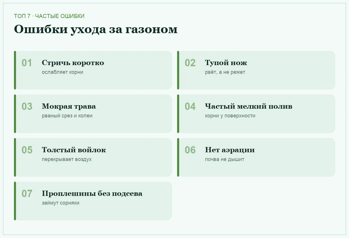 Плитки со списком семи частых ошибок в уходе за газоном