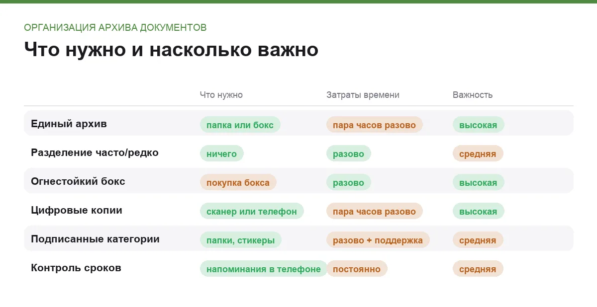 Инфографика: что нужно для каждого способа хранения документов, сколько времени он занимает и насколько важен