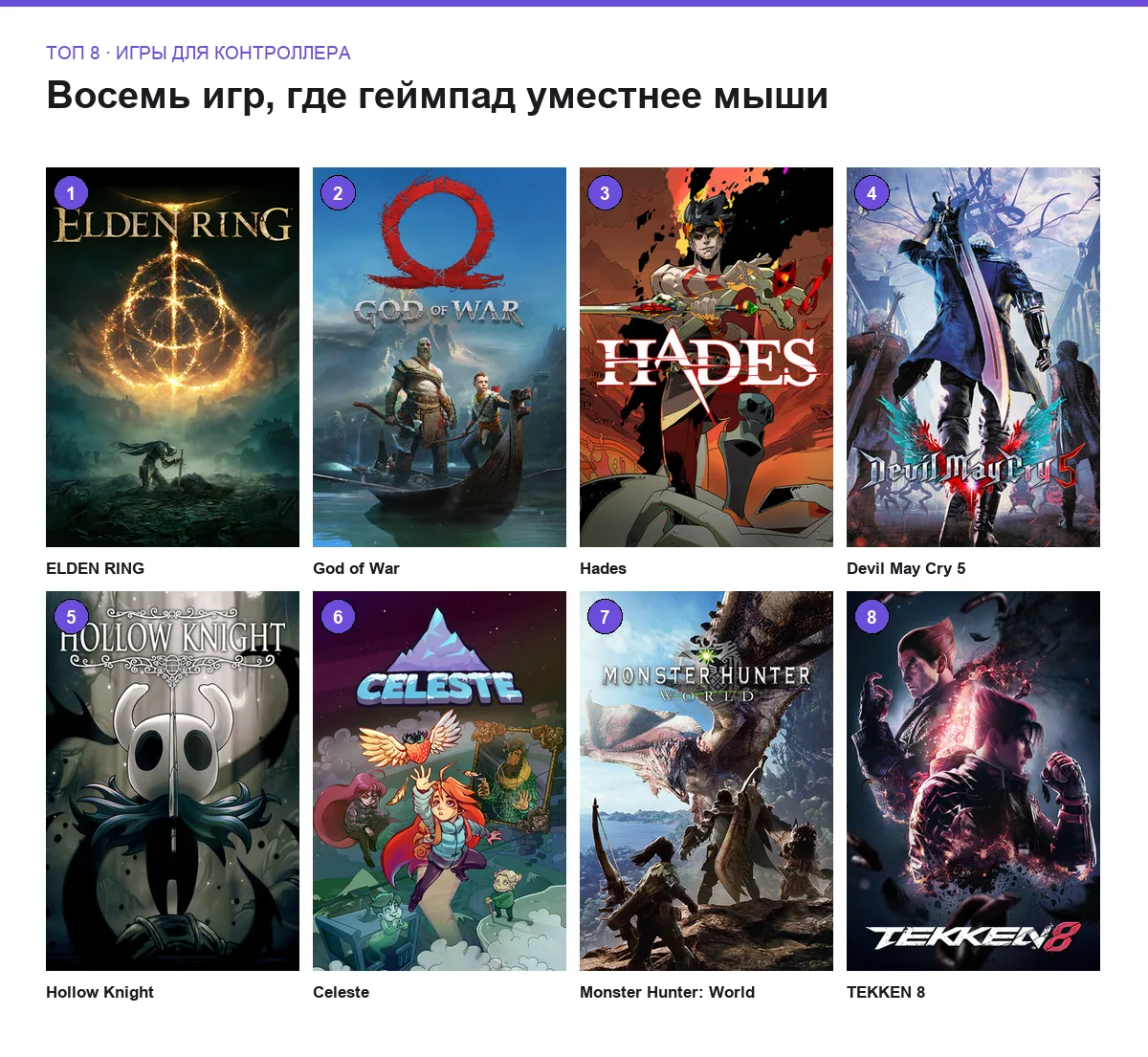 Витринные изображения восьми игр для геймпада