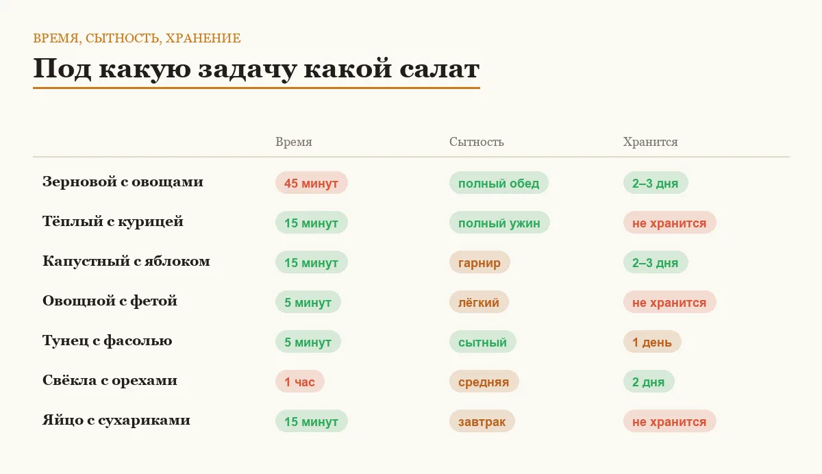 Инфографика: время приготовления, сытность и хранение семи салатов