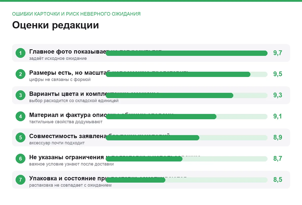 Диаграмма оценок семи ошибок карточки товара, ведущих к возвратам