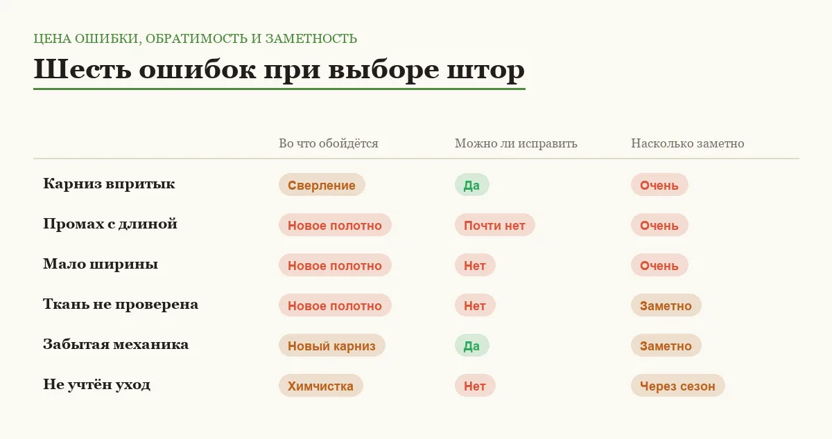 Сравнение шести ошибок при выборе штор по стоимости исправления, обратимости и заметности результата