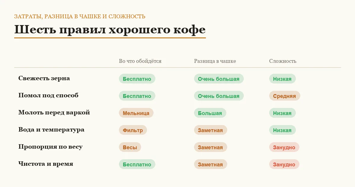 Сравнение шести правил приготовления кофе дома по затратам, влиянию на вкус и сложности