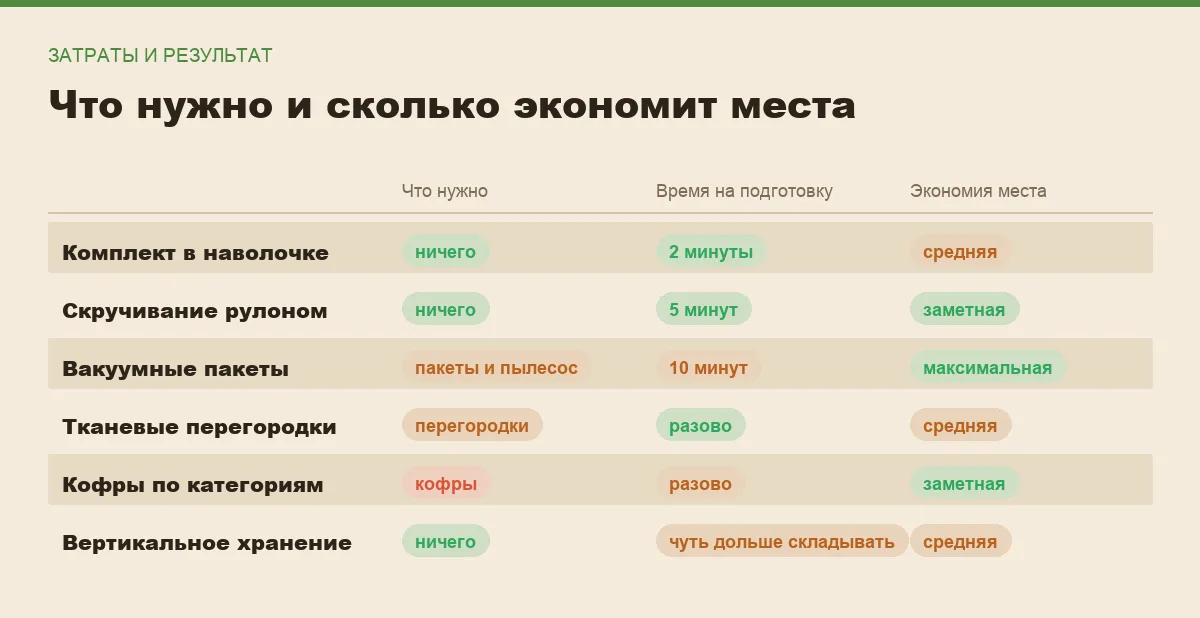 Инфографика: что требуется для каждого способа хранения белья, время на подготовку и экономия места