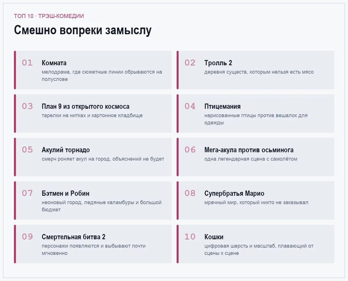 Плиточный постер со списком десяти трэш-комедий