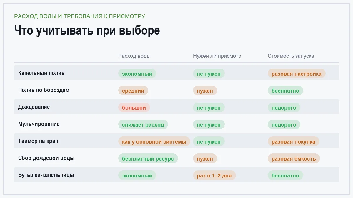 Инфографика: расход воды, нужен ли присмотр и стоимость запуска для каждого способа полива