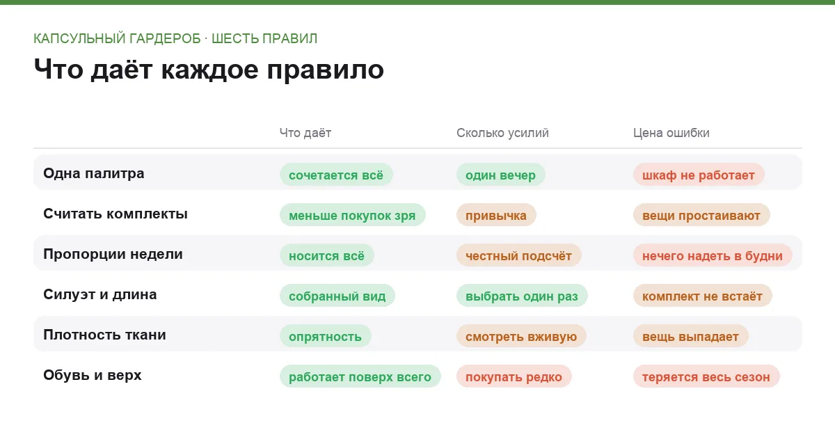 Сравнительная таблица шести правил капсульного гардероба по эффекту, усилиям и цене ошибки