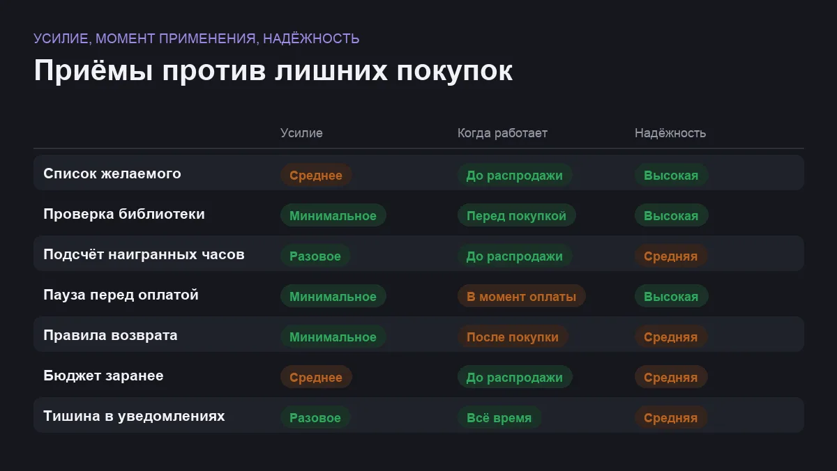 Сравнение семи приёмов против лишних покупок на распродаже игр